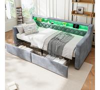 Btm 3Ft Single Daybed Sofa Bed, Velvet Upholstered, Led Strip, Usb Type A+C Charging, 2 Drawers, Grey
