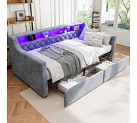 Btm 3Ft Single Daybed Sofa Bed, Velvet Upholstered, Led Strip, Usb Type C Charging, 2 Drawers, Grey
