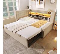 Btm 3Ft Single Daybed With Pull Out Trundle, Usb Type C Charging And Storage, Beige, 90 X 190 Cm