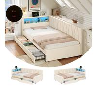 Btm 3Ft Single Daybed With Two Storage Drawers Led Bed Frame With Charging Station Linen Sofa Bed Beige