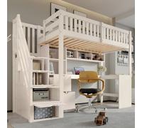 Btm 3Ft Single High Sleeper Bed 90 X 190 Cm With Corner Desk Shelves Storage Stairs Safety Rails White No Mattress