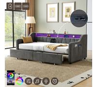 BTM 3ft Single LED Velvet Daybed with Storage Drawers & Charging Station in Grey BTM Grey Single