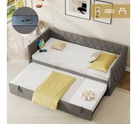Btm 3Ft Single Linen Daybed With Usb And Typec Charging Ports, Pullout Trundle, Grey Sofa Bed (No Mattress)