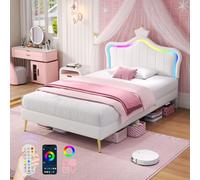 Btm 3Ft Single Pu Bed Cream White With Led Crown Headboard And Solid Slats Easy Assembly