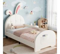 Btm 3Ft Single Rabbit-Shaped Bed, Bunny Ears Headboard, Pu Leather, Metal-Wood Frame, Cream White (No Mattress)