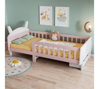 Btm 3Ft Single Rabbit Shaped Wooden Bed 90X190Cm, Storage Bed With Safety Guardrail, Drawer And Sturdy Slats, White & Pink