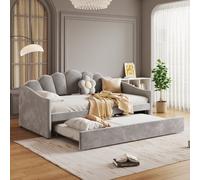 Btm 3Ft Single Upholstered Bed 90X190Cm With Pull Out Trundle Daybed Sofa Bed Velvet Grey Easy Assembly