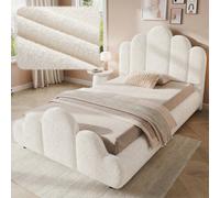 Btm 3Ft Single Upholstered Bed Frame 90X190Cm, Petal Headboard, Cloud Footboard, Wooden Slats, Bou ream White
