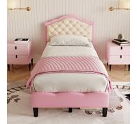 BTM 3Ft Single Upholstered Bed Frame, Adjustable Button-Tufted Headboard, Pu Faux Leather, Easy Assembly, Pink/beige