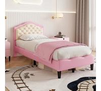 BTM 3Ft Single Upholstered Bed Frame, Adjustable Button-Tufted Headboard, Pu Faux Leather, Easy Assembly, Pink/beige