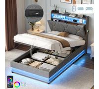 Btm 3Ft Single Upholstered Bed, Hydraulic Storage, Led Headboard With Charging Station And Hidden Storage, Linen Grey