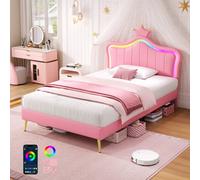 Btm 3Ft Single Upholstered Bed, Pu Leather Frame With Solid Wood Slat, Led Crown Headboard, Easy Assembly, Pink (No Mattress)