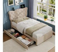 Btm 3Ft Single Upholstered Bed, Rivet Design, Charging Station, Storage Drawers, Linen, Beige (No Mattress)