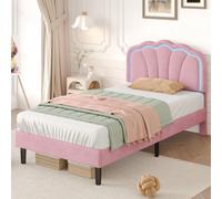 Btm 3Ft Single Upholstered Bed With Led Shell Headboard Velvet Frame Solid Wood Slats Pink No Mattress