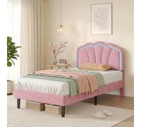 Btm 3Ft Single Upholstered Bed With Shell Shape Headboard Led Lighting Velvet Frame Solid Wood Slats Pink No Mattress