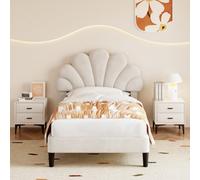 BTM 3Ft Single Upholstered Velvet Bed, Adjustable Chic Petal Headboard, Beige (No Mattress)
