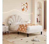BTM 3Ft Single Upholstered Velvet Bed, Adjustable Chic Petal Headboard, Beige (No Mattress)