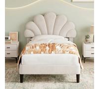 Btm 3Ft Single Upholstered Velvet Bed With Adjustable Petal Headboard Solid Wood Slats Beige Easy Assembly