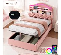 Btm 3Ft Single Velvet Hydraulic Bed With Led, Charging Station And Storage, Diamond Tufted Headboard, Pink