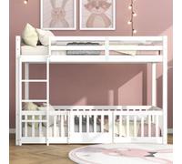 Btm 3Ft Solid Wood Bunk Bed White With Door Fence Fall Protection And Railings For Kids 190X90Cm