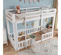 Btm 3Ft Solid Wood Bunk Bed White With Door Fence Fall Protection And Railings For Kids 190X90Cm