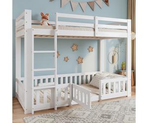 Btm 3Ft Solid Wood Bunk Bed White With Door Fence Fall Protection And Railings For Kids 190X90Cm