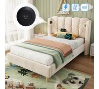 Btm 3Ft Upholstered Bed Frame, Velvet Bed With Usb & Type-C Charging, Wooden Slats, Beige