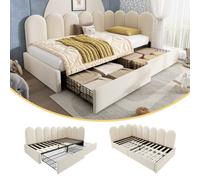 Btm 3Ft Upholstered Daybed 90X190 Cm, Kids Sofa Bed With Drawer Storage, Slatted Frame, Velvet, Beige, No Mattress