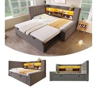 Btm 3Ft Upholstered Daybed 90X190Cm With Storage, Usb & Type-C, Pull-Out Trundle, Linen Grey