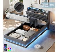 Btm 3Ft Upholstered Hydraulic Bed, Led Headboard, Usb/type-C, Linen Grey (No Mattress)