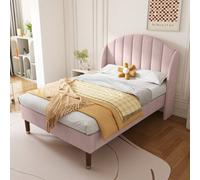 Btm 3Ft Upholstered Single Bed With Headboard, Slatted Frame, Velvet Youth Bed, Easy Assembly, Pink