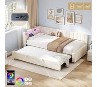 Btm 3Ft Velvet Daybed With Rgb Led, Charging Station & Trundle, Beige (No Mattress)