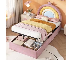 BTM 3FT Velvet Hydraulic Bed Rainbow Crown Headboard Pink | Size: Single BTM Pink Single