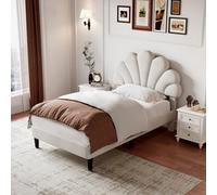 Btm 3Ft Velvet Upholstered Bed Frame, Chic Petal Headboard Adjustable, Solid Wood Slats, Easy Assembly, Beige (No Mattress)