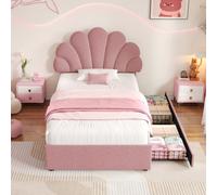 Btm 3Ft Velvet Upholstered Bed Petal Headboard, 2 Storage Drawers, Solid Wood Slats, No Box Spring, Pink