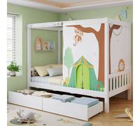 BTM 3FT Wooden House Bed 2 Drawers Curtains White Green | Size: Single BTM White Single