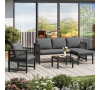 Btm 4-5 Seater Garden Rope Set, Tempered Glass Table, Corner Sofa & Armchairs, Weatherproof, Grey