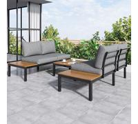 Btm 4 Seater Grey Garden Lounge Set, L-Shaped Space-Saving Sofa With Wooden Table, Patio & Backyard Furniture