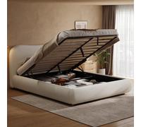 Btm 4Ft6 135X190Cm Ottoman Storage Bed, Curved Headboard With Rounded Corners, Boucle Upholstered, Warm White