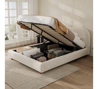 Btm 4Ft6 135X190Cm Ottoman Storage Bed, Round Arched Headboard, Boucle Upholstered, Warm White