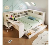 Btm 4Ft6 Daybed 135X190Cm With Bookcase, Desk, Drawers And Usb-C, White (No Mattress)