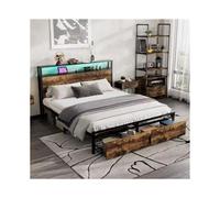 BTM 4FT6 Double Bed 135x190cm, Double Bed Frame wtih 2 Drawers & Light Strip & 3 USB Ports, Metal Bed Frame Single, Black+Walnut