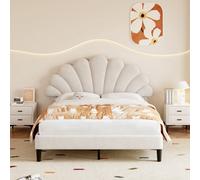 Btm 4Ft6 Double Bed Frame Velvet Upholstered With Chic Petal Headboard Solid Wood Slatted Base Beige