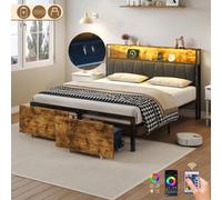 BTM 4Ft6 Double Bed Frame With 2 Storage Drawers, Rgb Led Headboard, Charging Station, Metal Platform, Black+Walnut (No Mattress)