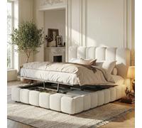 Btm 4Ft6 Double Hydraulic Storage Bed 135X190Cm, White Bouclé