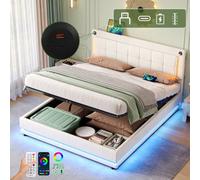 Btm 4Ft6 Double Led Hydraulic Bed Beige Velvet Frame With Usb Type C Ports And Adjustable Headboard