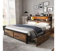 Btm 4Ft6 Double Metal Bed Black Wood Colour With Led Strip Drawers And Charging Ports For Adults Teens