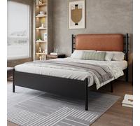 Btm 4Ft6 Double Metal Bed With Pu Upholstered Headboard Black Iron Bed Frame For Adults And Teenagers 135 X 190 Cm