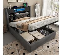 Btm 4Ft6 Double Storage Bed With Led Lighting And Charging Station, Linen Grey, 135 X 190 Cm