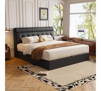 Btm 4Ft6 Double Upholstered Bed 135X190Cm, Hydraulic Storage, Pu Black, Headboard Storage